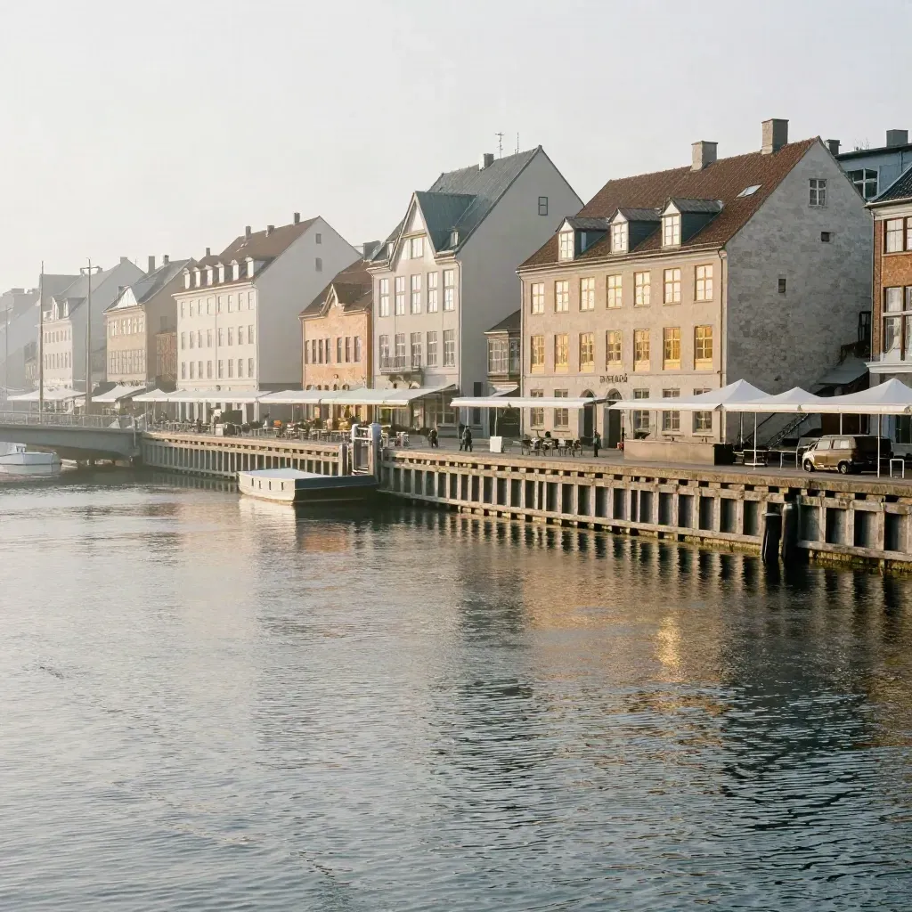 Kopenhagener Hafen mit heller Uferfront, goldener Abendsonne und ruhigem Wasser.