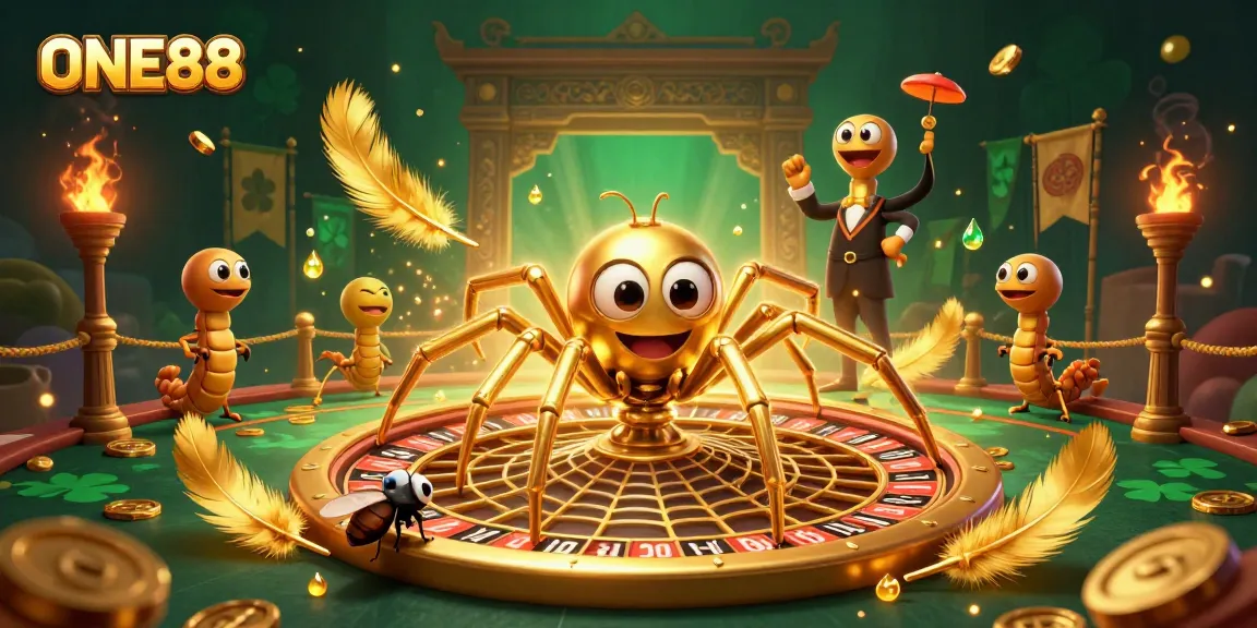 Experience the thrill of ONE88 with a golden roulette web, dynamic characters, and vibrant betting elements.