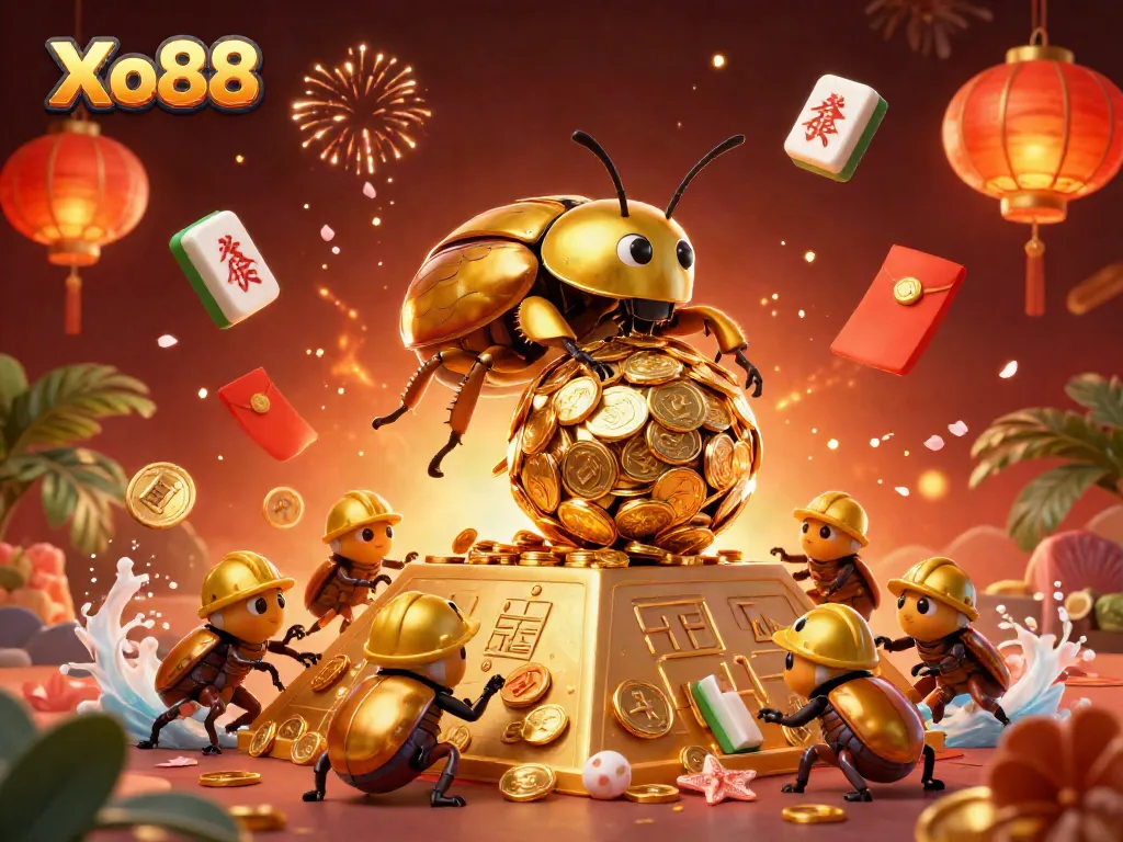 Experience thrilling fun with Xo88 as golden beetles roll coins to the top in this vibrant casino scene.