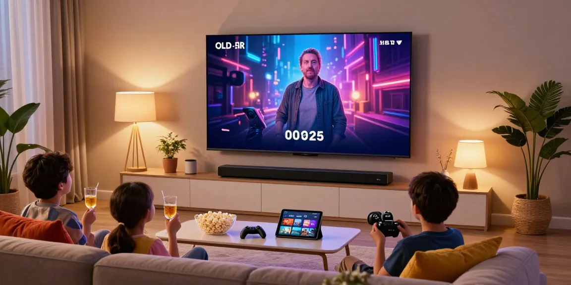 Family enjoying movie night in a modern living room featuring an OLED TV 2026 with cozy atmosphere.