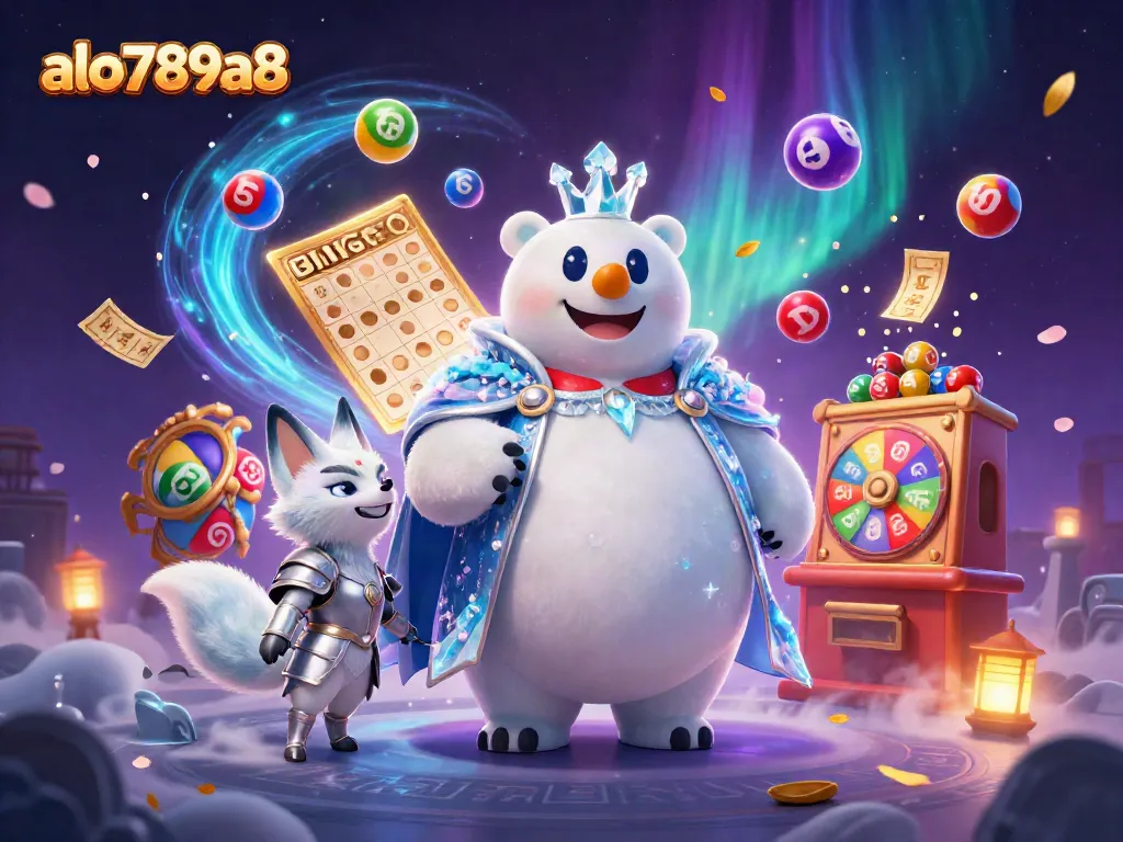 Experience the excitement of alo789a8 with an ultra-detailed 3D illustration of a polar bear and snow fox amidst vibrant casino elements.