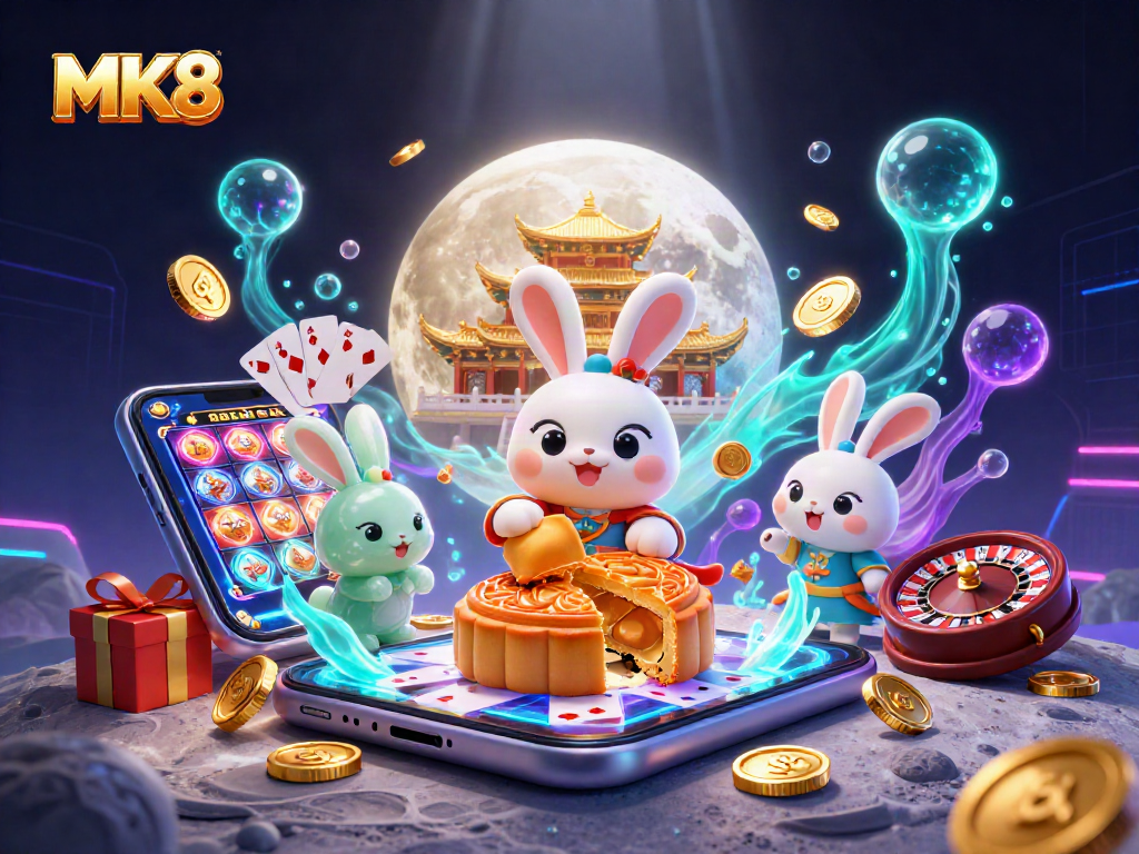 Experience the thrill of MK8 casino games with vibrant moon rabbits revealing poker chips.