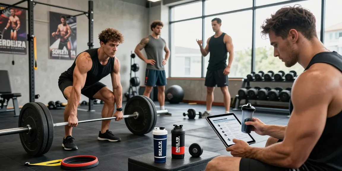Aktive Fitnessszene im Selliza Shop mit Athleten, die Produkte verwenden