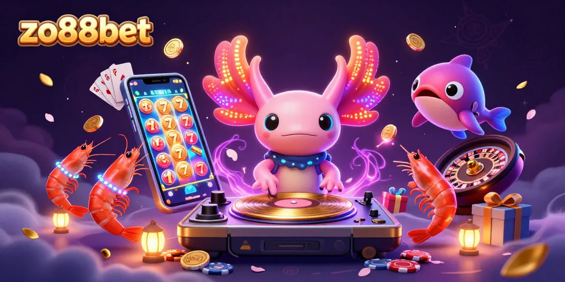 Experience vibrant casino excitement with zo88bet in a colorful 3D scene featuring a DJ axolotl spinning slots.