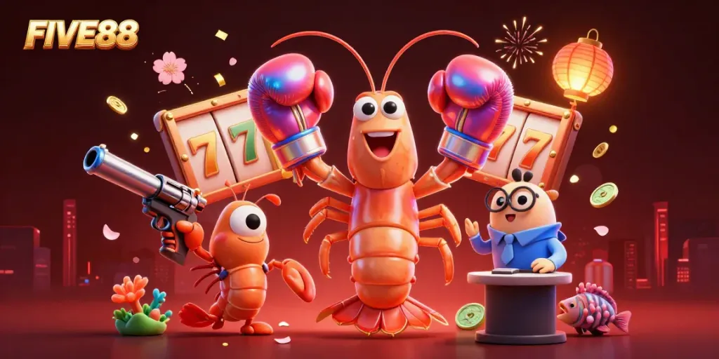 Engage in exciting gaming with FIVE88, awash in dynamic slot reels, fireworks, and vivid characters.