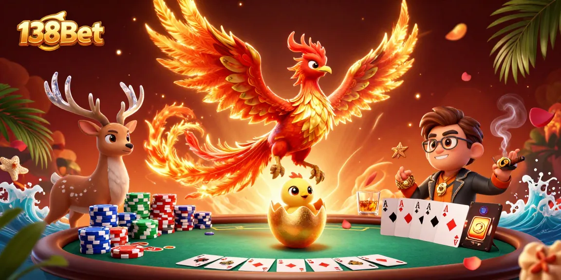 Experience thrilling gameplay with 138Bet, featuring vibrant characters amidst poker table glory and dynamic casino elements.