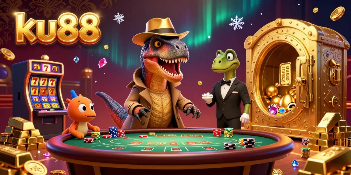 Experience thrilling gameplay at ku88 with our cartoon velociraptor card counter and a lively casino scene.