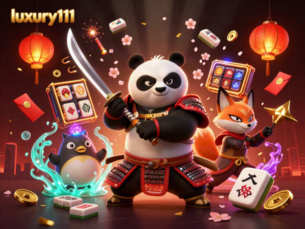 Engage with luxury111 at the vibrant casino scene featuring samurai panda and treasures.