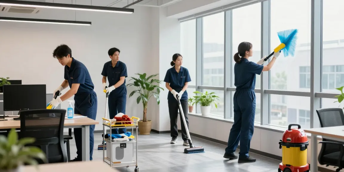 Professionelle Gebäudereinigung Düsseldorf in modernem Büro mit Reinigungspersonal