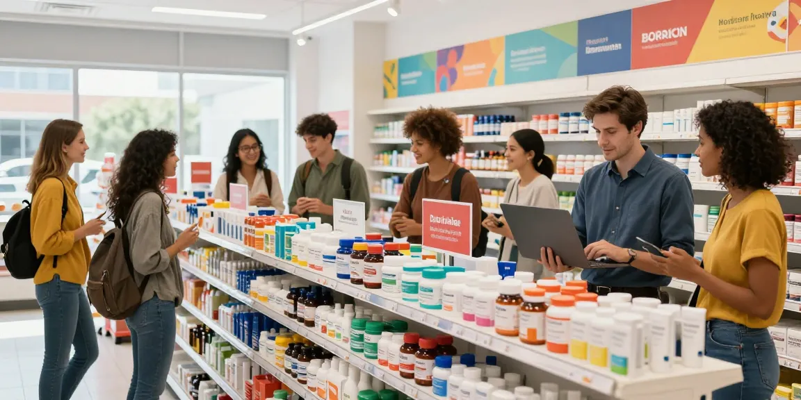 Medi Pharma Shop lebendige Einkaufsszene mit Verbrauchern, die Gesundheitsprodukte durchstöbern und fachkundige Beratung erhalten.
