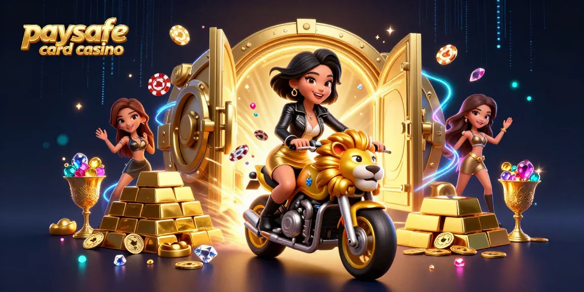Paysafe-Karten-Casino lebendige Illustration mit einer glamourösen Frau, die auf einem goldenen Löwen mit glitzernden Chips reitet
