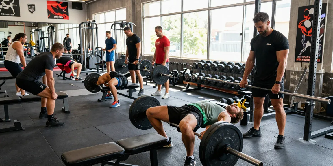 Anabolika Shop - Aktive Bodybuilder im Fitnessstudio während des Trainings mit Gewichten und motivierender Atmosphäre.