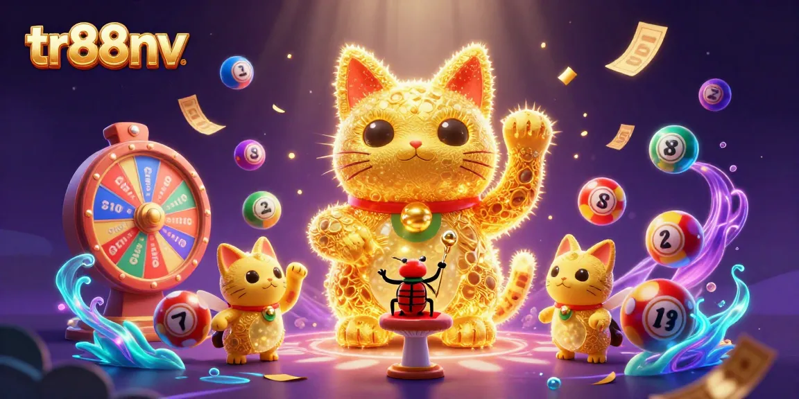 Experience the excitement of tr88nv with golden fireflies and casino symbols in a vibrant 3D illustration.