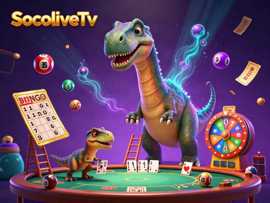 SocoliveTv offers a vibrant 3D illustration of a playful brontosaurus and clever raptor in a fun casino scene.