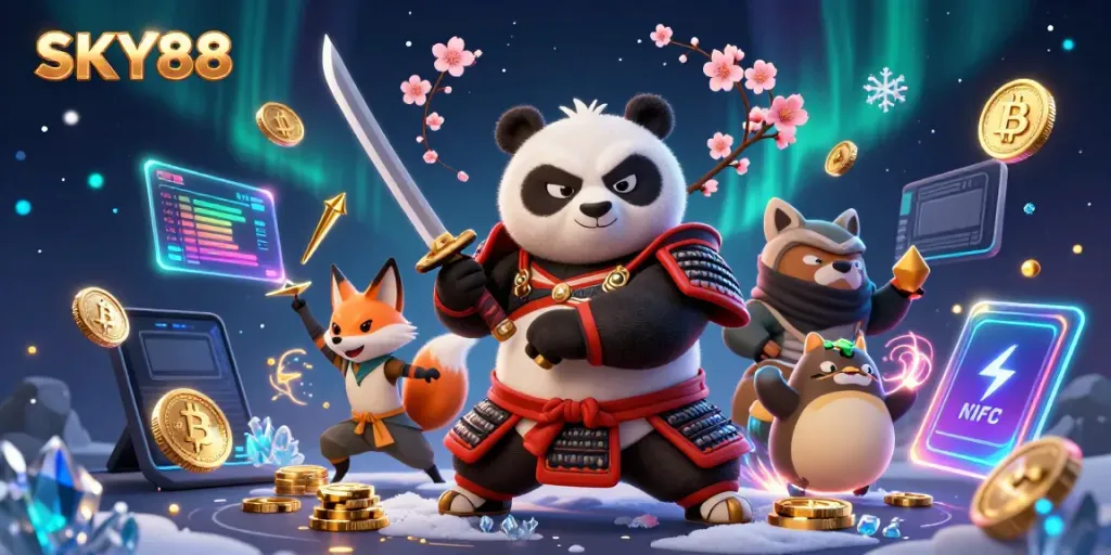 Experience thrilling adventures with SKY88, featuring samurai panda and ninja fox in a colorful casino world.