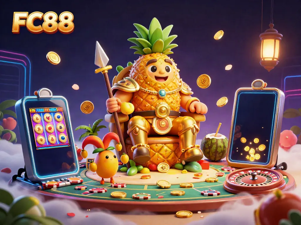 Experience the excitement at FC88 with a vibrant 3D illustration of a pineapple king and casino action.