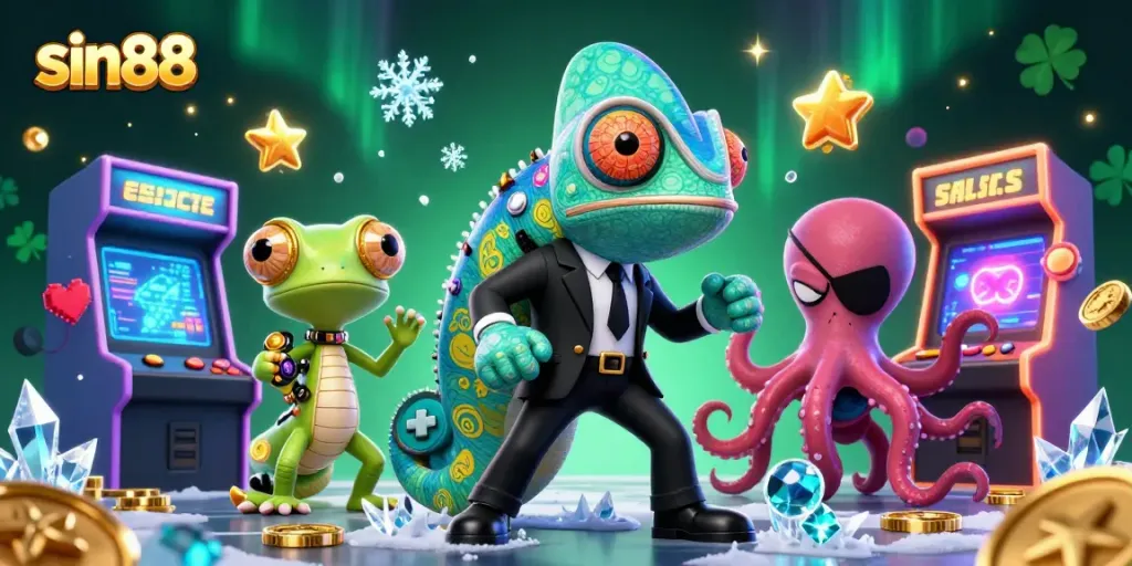 Sin88 players experiencing thrilling 3D gaming adventures with colorful arcade machines and vibrant characters