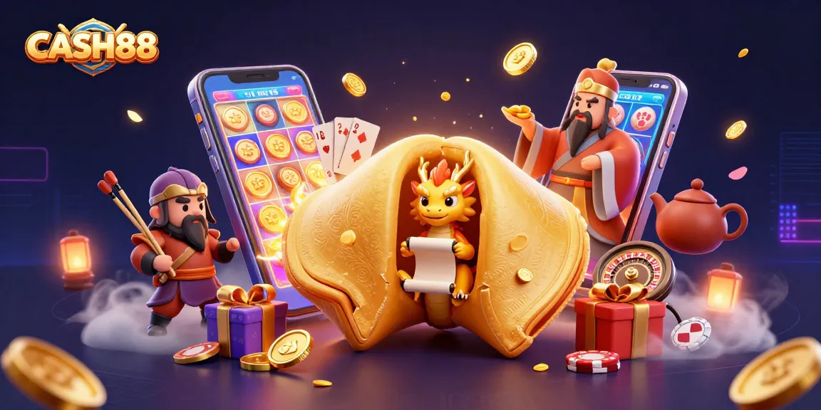 Engage in thrilling gaming at CASH88 with a vibrant 3D casino scene featuring colorful slots and lucky charms.