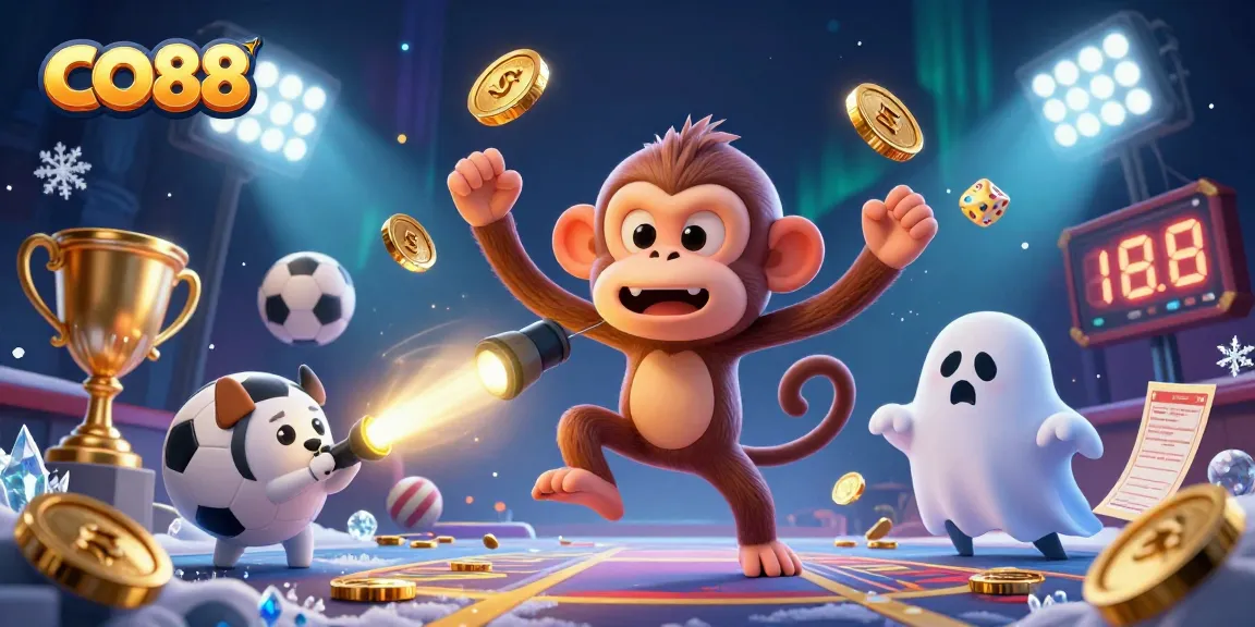 Engage in thrilling gaming at CO88 with mischievous characters and vibrant sports elements.