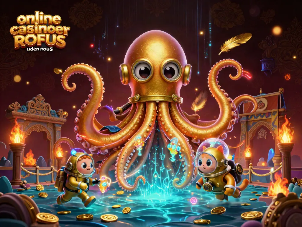 Engage with online casinoer uden ROFUS in an enchanting treasure-filled scene featuring a kraken, diving cat, and glowing fish