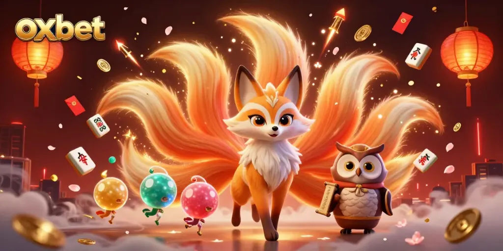Experience the thrilling action at OXBET with vibrant characters and festive casino elements.