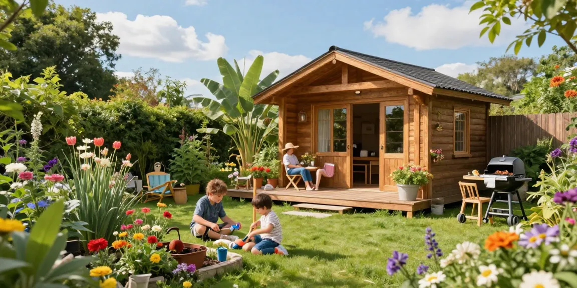 Gartenhaus aus Holz umgeben von blühenden Pflanzen und einer Familie beim Spielen im Garten.