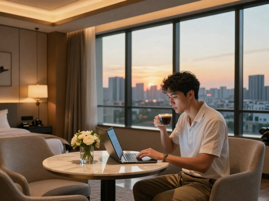 A traveler booking activities at ROKOK88 Carter Hotel with modern decor and city skyline view.
