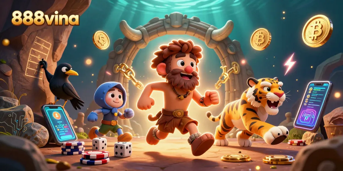 Play exciting games at 888vina with caveman and sabertooth tiger in a vibrant casino scene.