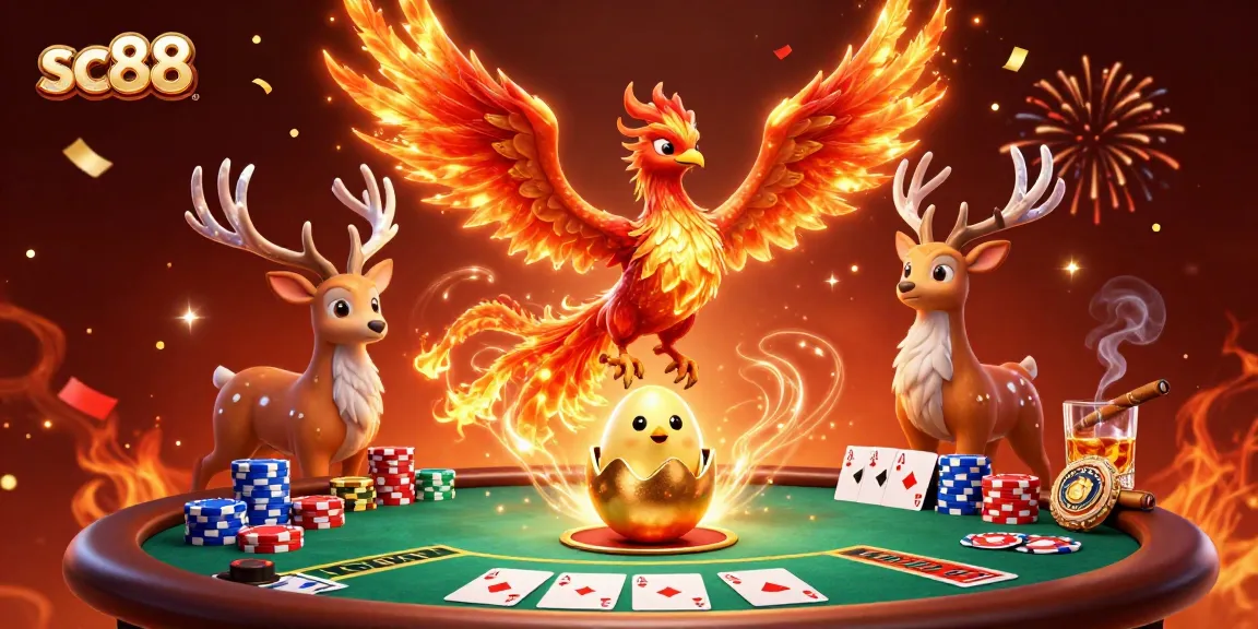 Engage with sc88's vibrant poker scene featuring a mystical phoenix and rich casino elements.