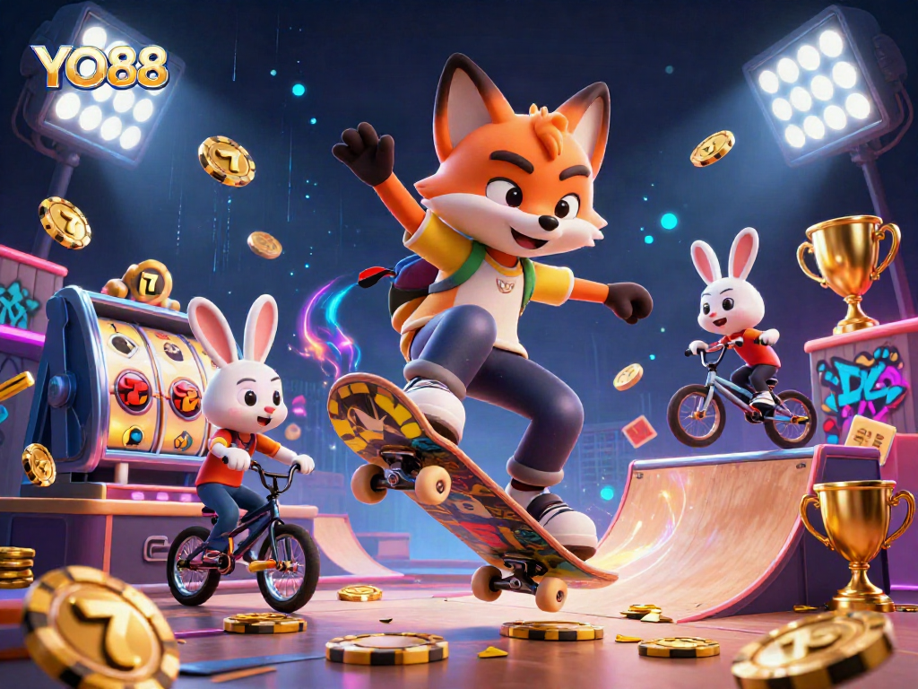 Experience thrilling gameplay with YO88 featuring a dynamic fox and rabbit duo in a vibrant casino scene.