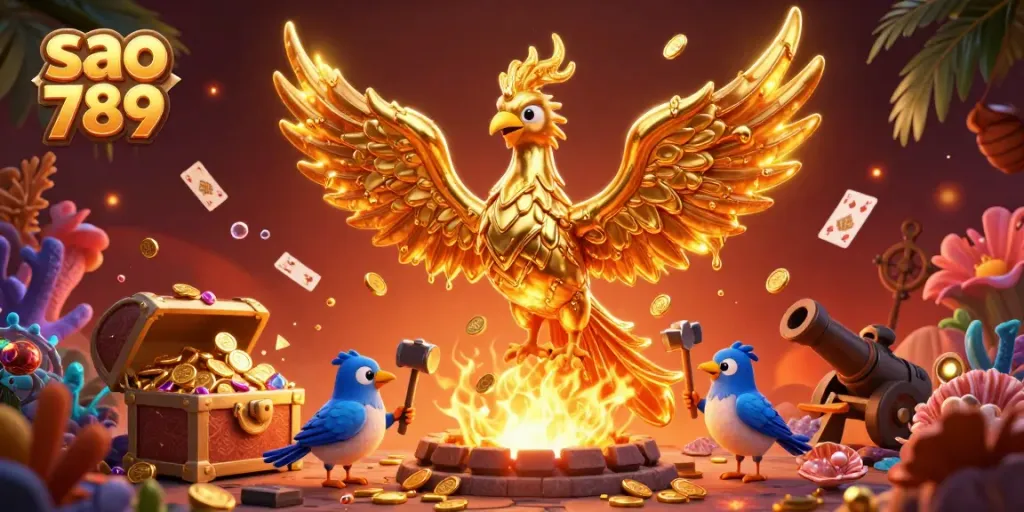 Experience the vibrant atmosphere of sao 789 with a molten golden phoenix soaring through a treasure-filled scene, showcasing casino thrills.