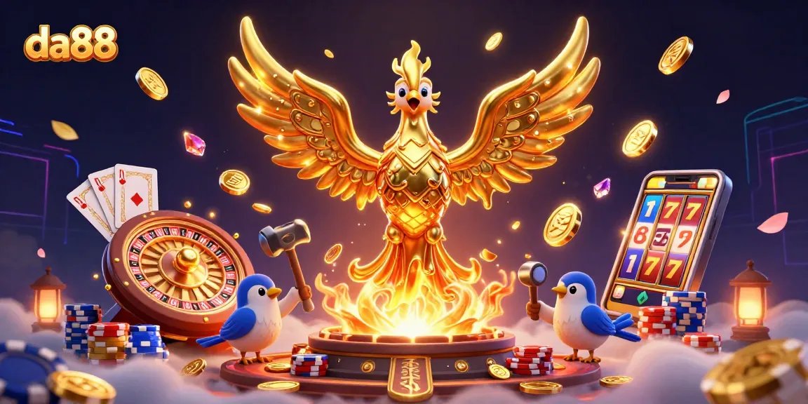 Experience the thrill of da88 with a vibrant 3D casino scene featuring a molten phoenix.