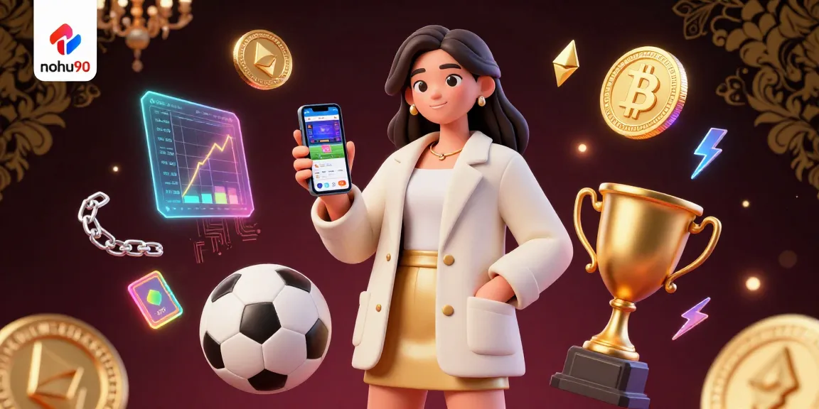Nohu90 showcases a vibrant gaming scene with an Asian woman using a sports betting app, surrounded by dynamic elements.