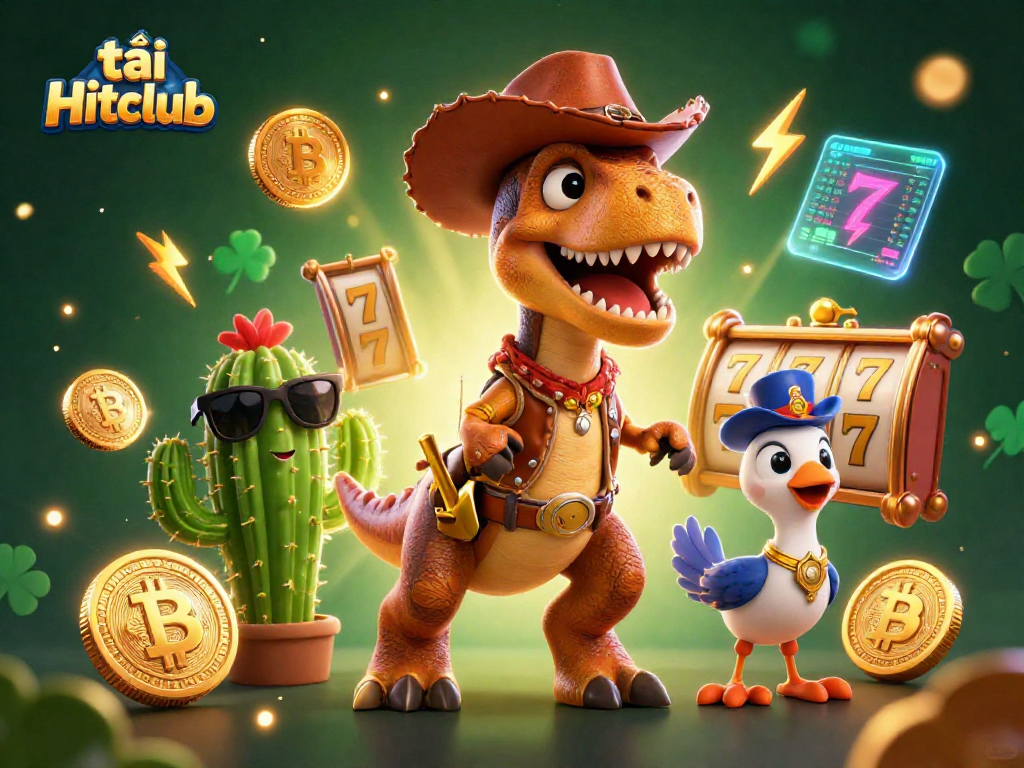 Bet and win with tải Hitclub in this vibrant casino-themed digital illustration featuring diverse characters.