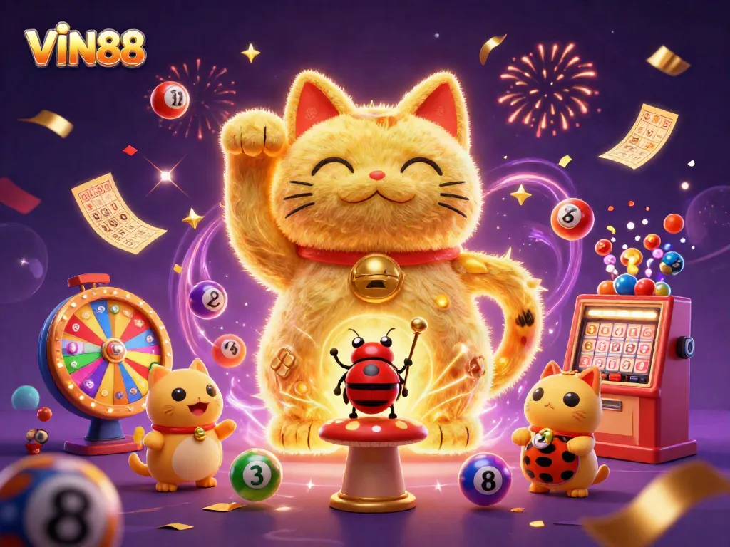 Engage with the vibrant world of VIN88, represented through a dynamic 3D illustration featuring a lucky cat and casino symbols.