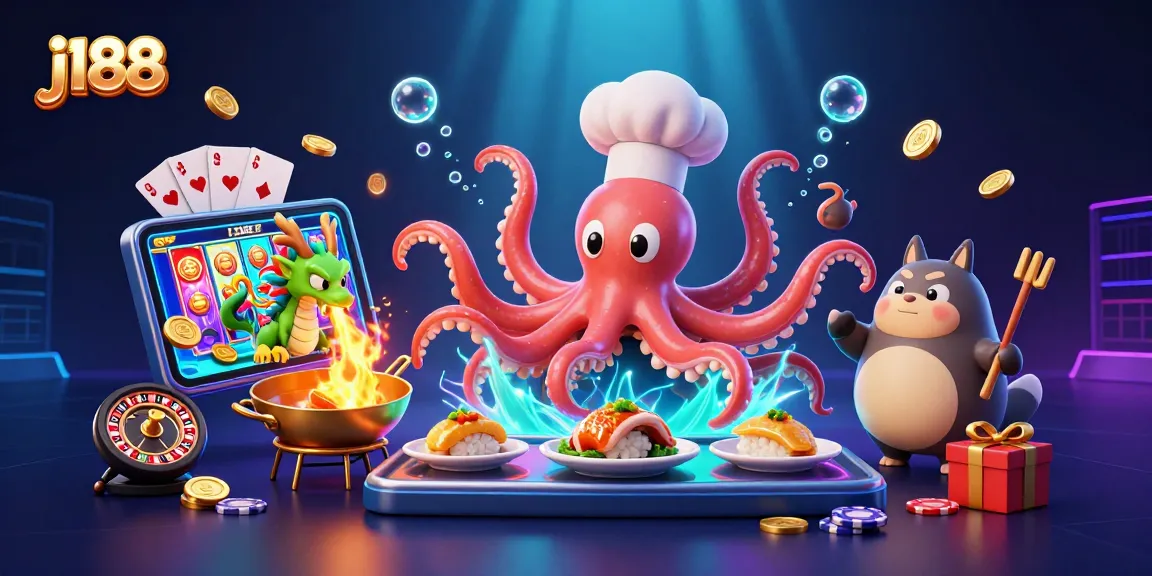 Experience the excitement of j188 with a 3D illustration of a sushi chef octopus and dragon amidst vibrant casino elements.