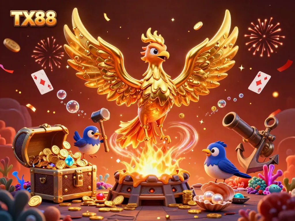 Engage with TX88's vibrant casino world featuring a golden phoenix surrounded by treasure.