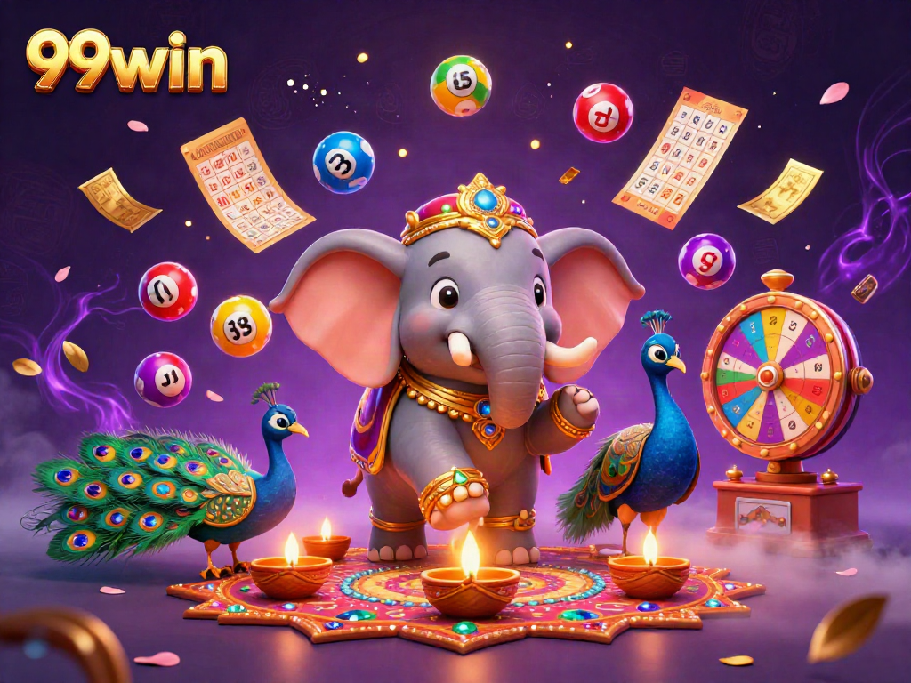 Join the excitement at 99win with this vibrant casino-themed illustration featuring dynamic lottery elements.