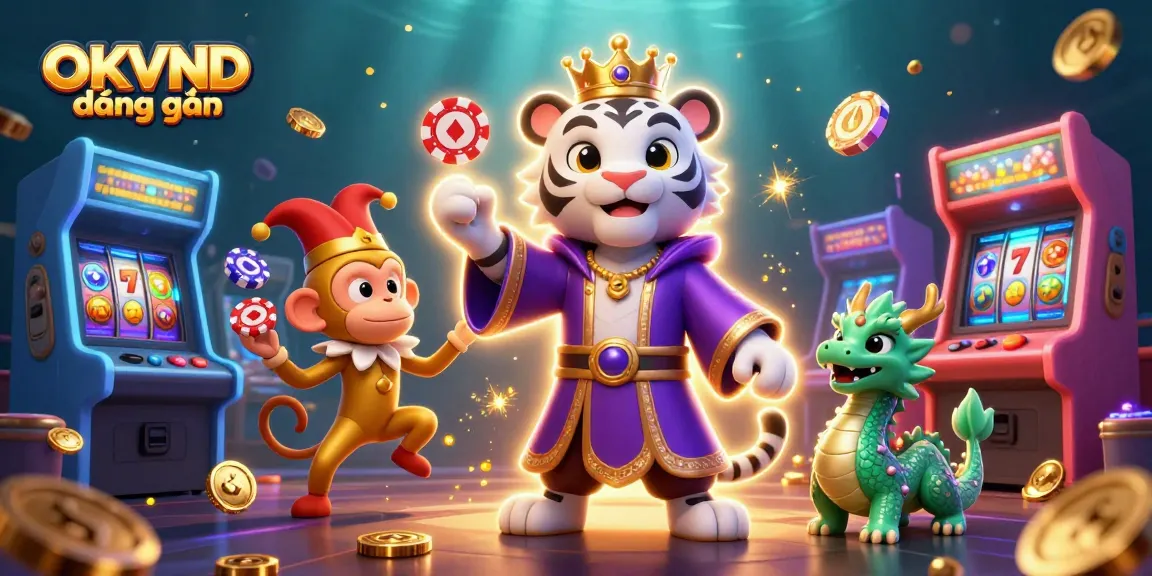 Engage with OKVND đăng nhập through a lively casino scene featuring a cartoon tiger, monkey, and gaming elements.
