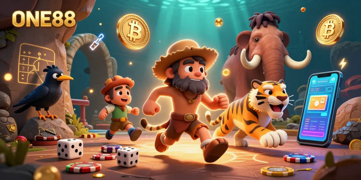 ONE88 brings excitement to the casino with a dynamic scene featuring cavemen and crypto coins.