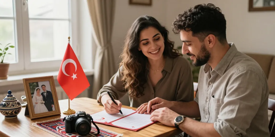 Couple happily obtaining Turkish Citizenship by Marriage paperwork in a cozy home.