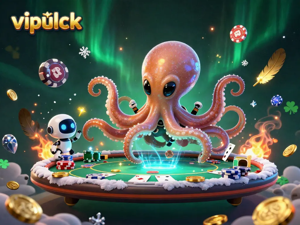 Play poker with vipluck's fun, immersive 3D illustration showcasing an alien octopus and robot.
