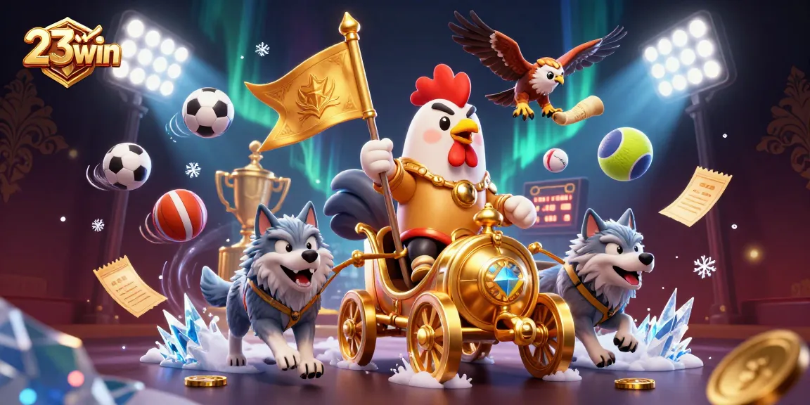 Engage in thrilling betting adventures with 23win featuring a vibrant 3D illustration of a rooster warlord and sports elements.