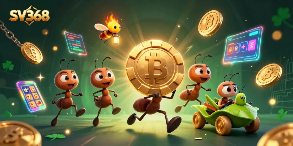 SV368's dynamic casino heist scene with ants, poker chip, and crypto elements showcases gaming excitement.