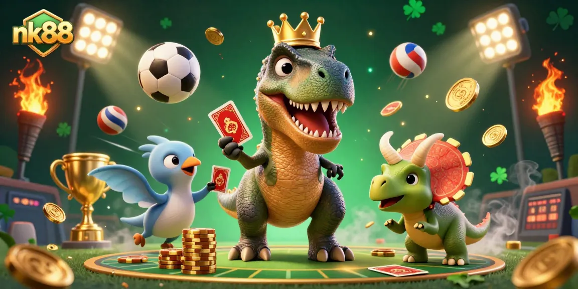 Engage in thrilling gameplay with nk88 featuring a T-Rex dealing cards and a Triceratops stacking chips.