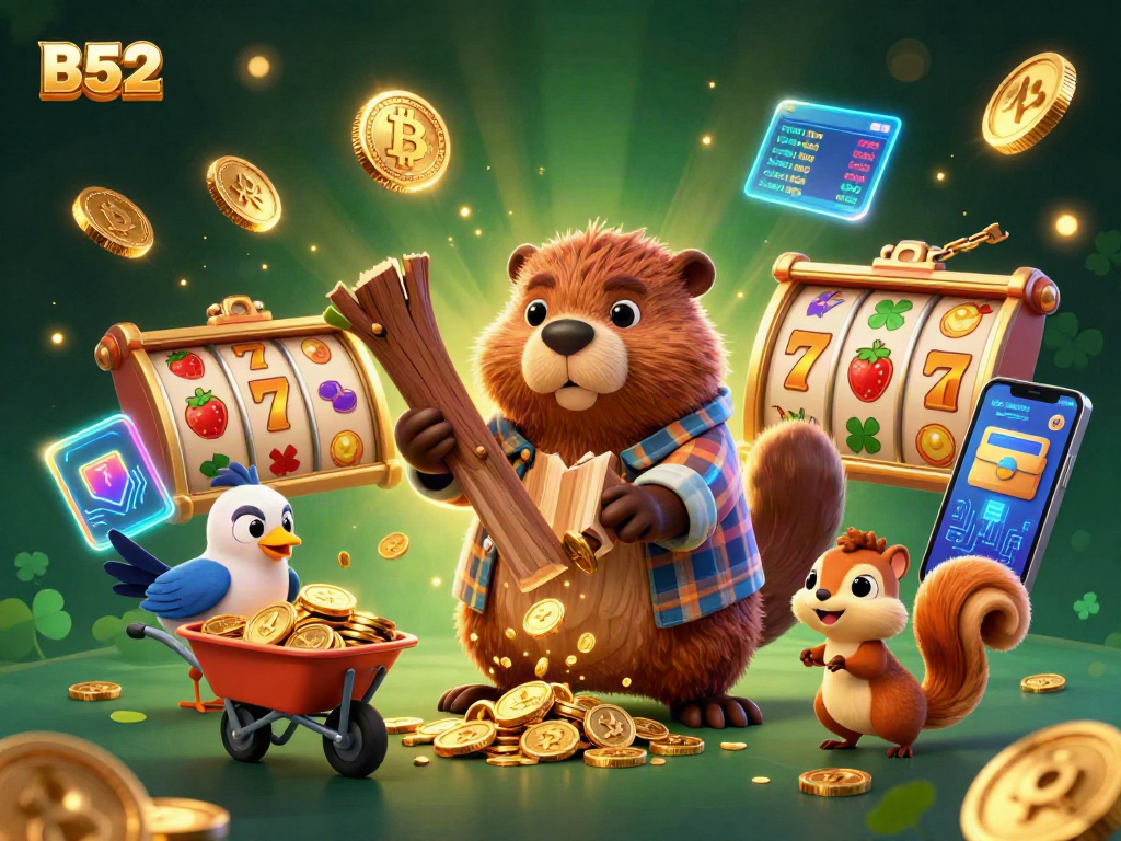 Engage with B52's vibrant world in a dynamic casino-themed illustration featuring whimsical characters and slot elements.