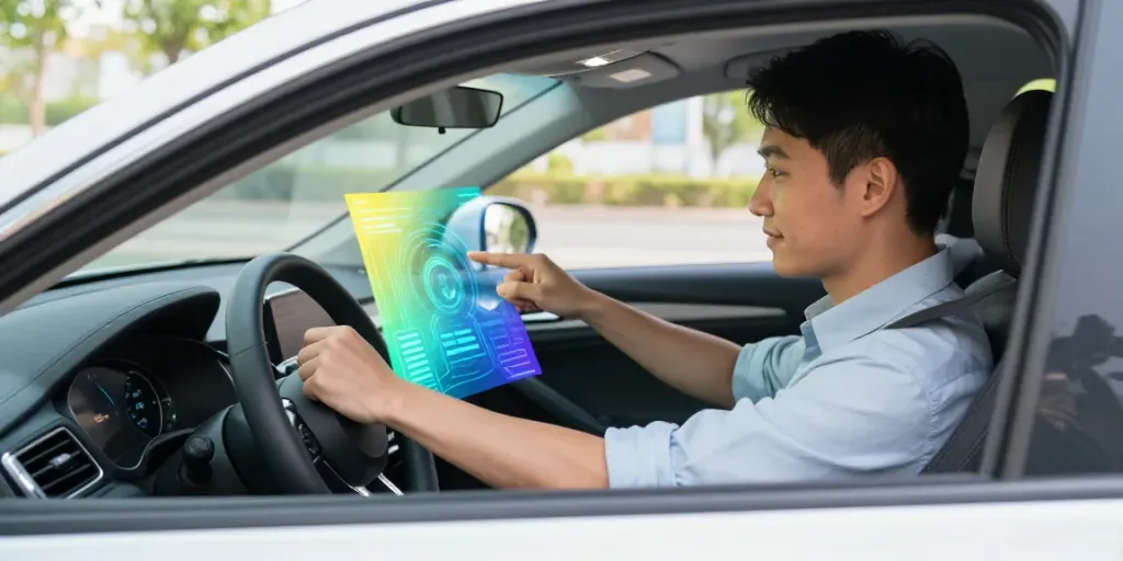 Fahrschule Drive-In in Zürich: modernes Auto mit einem Fahrlehrer, der Sicherheitsfunktionen präsentiert.