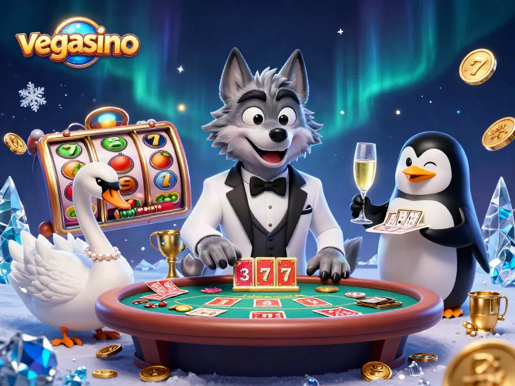Experience vegasino excitement with a wolf, swan, and penguin in a 3D casino scene.