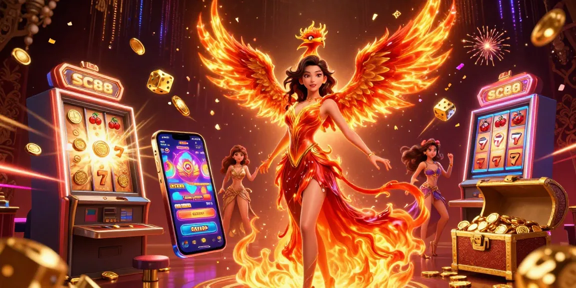 SC88 showcases an Asian woman in a fiery gown with casino elements exploding around her.