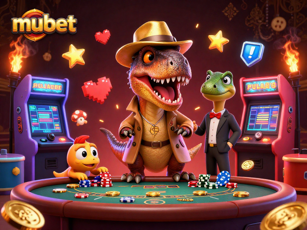 Mubet velociraptor card counter at a blackjack table with a stegosaurus pit boss watching, vibrant casino elements around